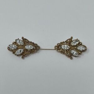 Victorian Style Stick Pin Brooch Gold Tone Rhinestones Double Sided Diamond Shap